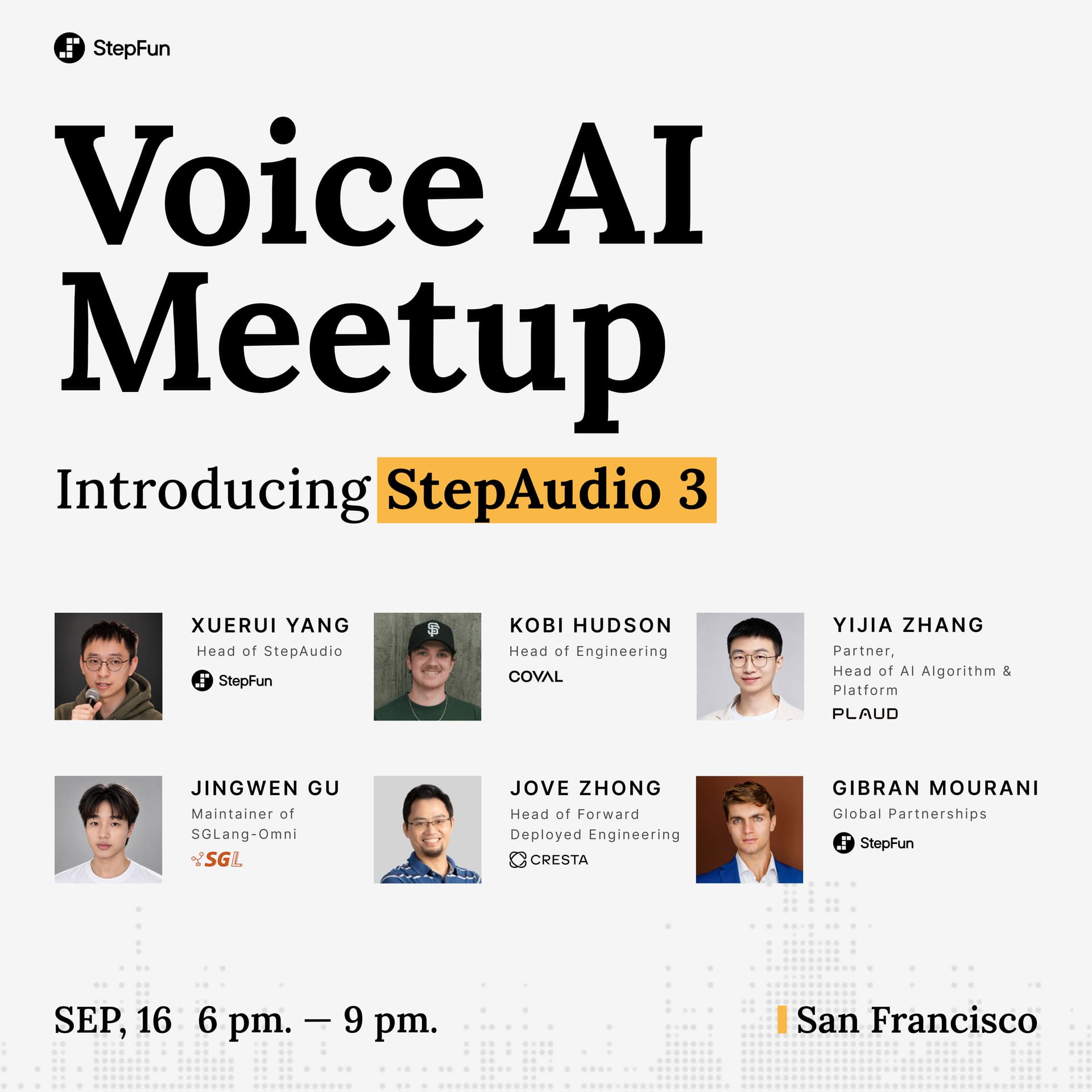 Voice AI Meetup: StepAudio 3 Launch ft. PLAUD, Cresta, Coval & SGLang cover art